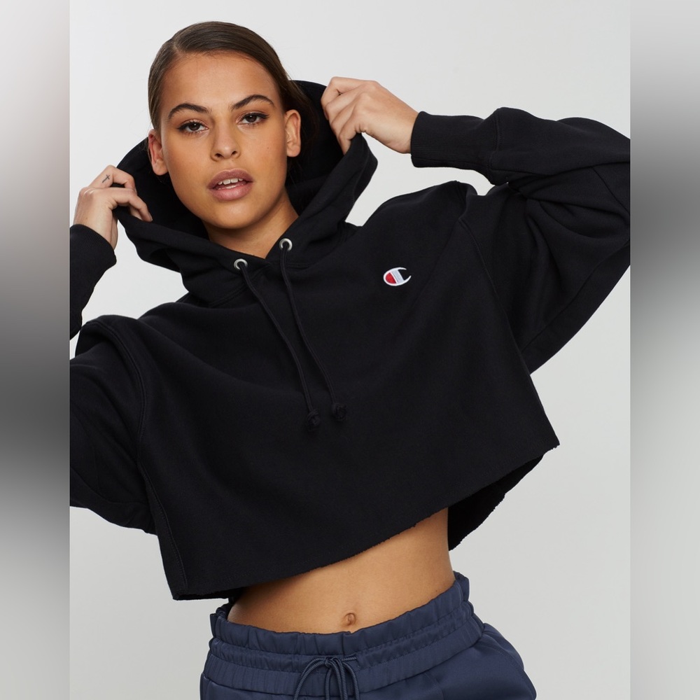 Champion Reverse Weave Cropped Hoodie XS in Black